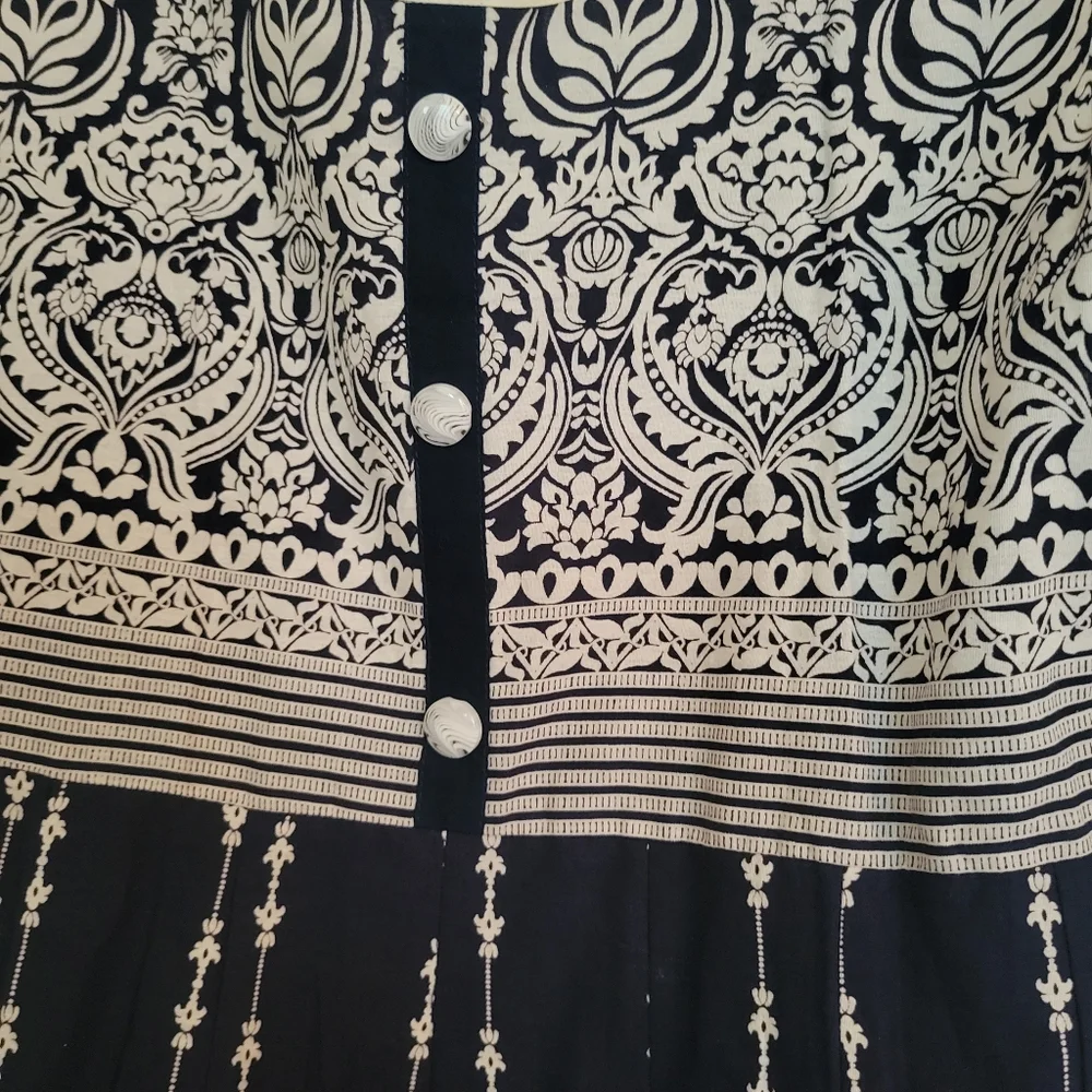 Damask Print Dress Cotton Blend Navy White Boho Statement Size L‎ - Picture 3 of 9